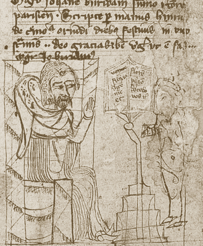Later depiction: a manuscript illustration from around 1370, now in the Jagiellonian Library. Portrait of John Buridan