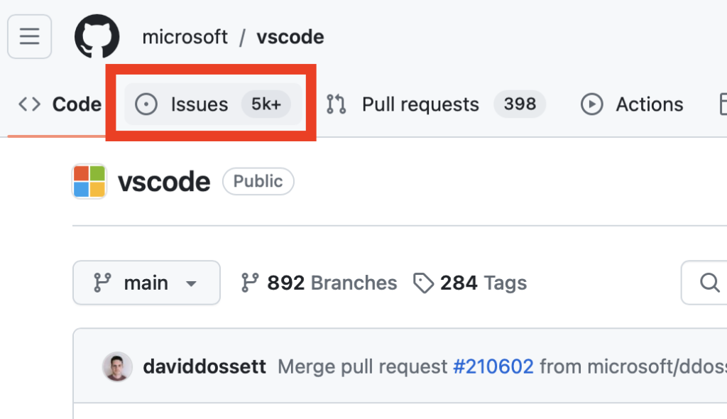 The Issues tab in the VS Code repository